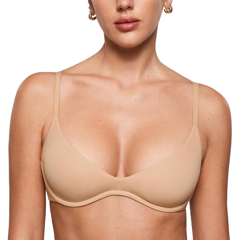 INLYRIC Women's Inbarely Plus Plunge Bra - Unlined Underwire Sexy Demi Balconette Bras Warm Beige 36E
