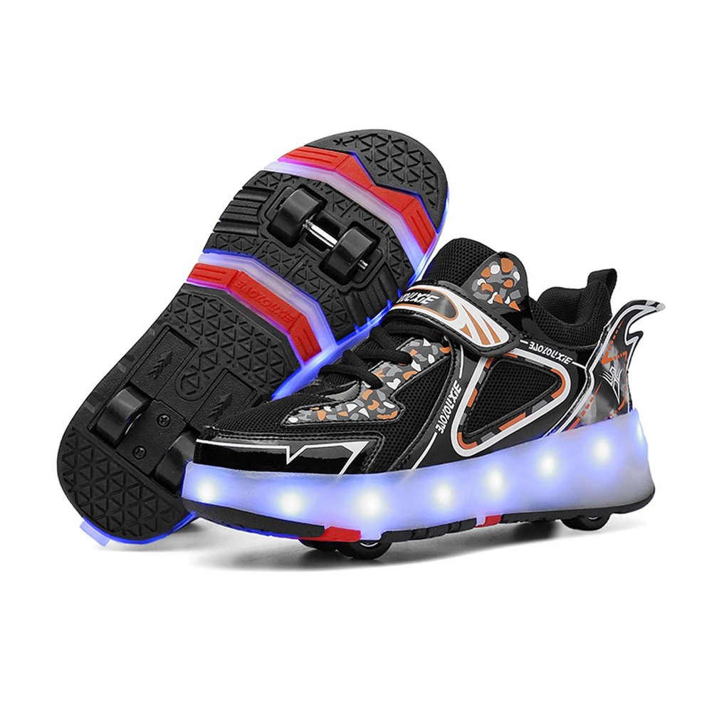 KSYVUCRD Kids Roller Skating Shoes LED Glow USB Charging Scalable Four Wheel Shoes Suitable for Roller Skating Beginner Boys Girls Birthday Gift,Black Big Kid Size 5.5