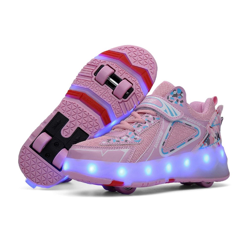 KSYVUCRD Kids Roller Skating Shoes LED Glow USB Charging Scalable Four Wheel Shoes Suitable for Roller Skating Beginner Boys Girls Birthday Gift,Pink Little Kid Size 13