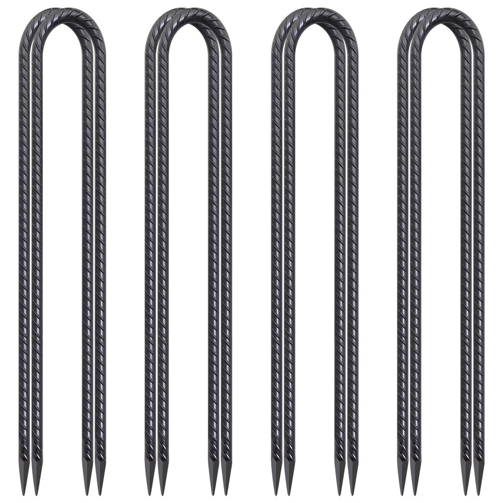 24 Inch Trampoline Stakes High Wind, 3/8 Inch Diameter Rebar Tent Anchors 8 Pack Heavy Duty U Stakes for Ground, Chain Link Fence, Swing Set, Soccer Goal (Black)