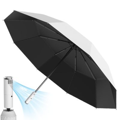 Jeorywoet Umbrella with Fan 3 Speeds Sun Protection Rain-Resistant Summer Umbrella Automatic Stable Triple-Fold Sturdy USB Rechargeable Portable Cooling Umbrella for Beach, Outdoor Activity (Grey)