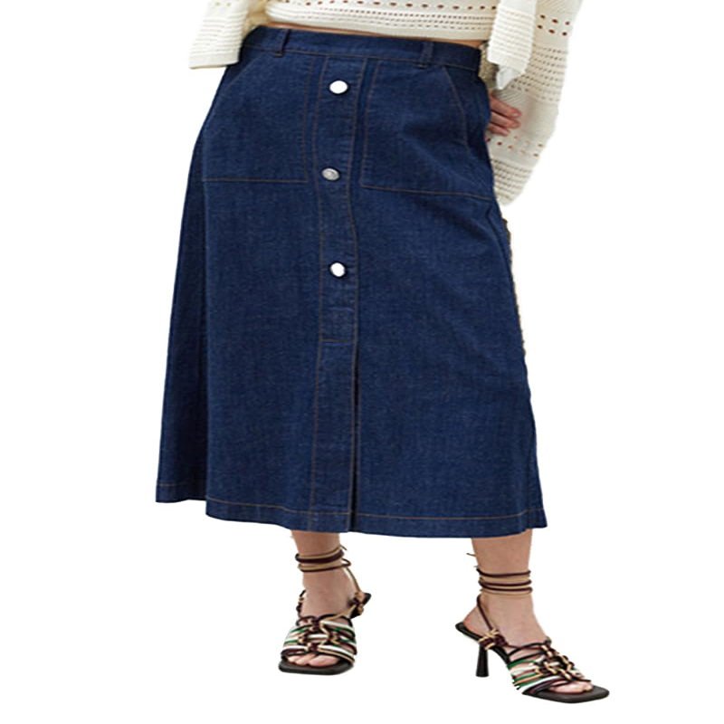NineFit Basics Women's Long Buttoned Denim Skirt with Pockets (US, Alpha, X-Large, Regular, Long, Dark Blue)