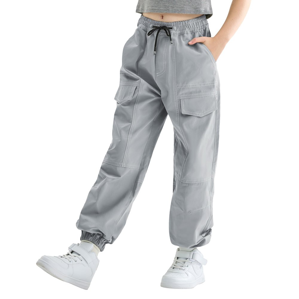 Rolanko Girls Cargo Pants, Elastic Loose Tapered Cargo Jogger Pants with Multi Pockets for Girls Cargo Trousers (Grey, 8-10)