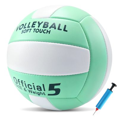 Soft Volleyball Official Size 5 for Indoor Outdoor Beach Sand Play Pool Gym Training, Soft Touch Thicker PU Volleyball with1 Ball Pump & 1 Air Needles for Adult and Family (Green White)