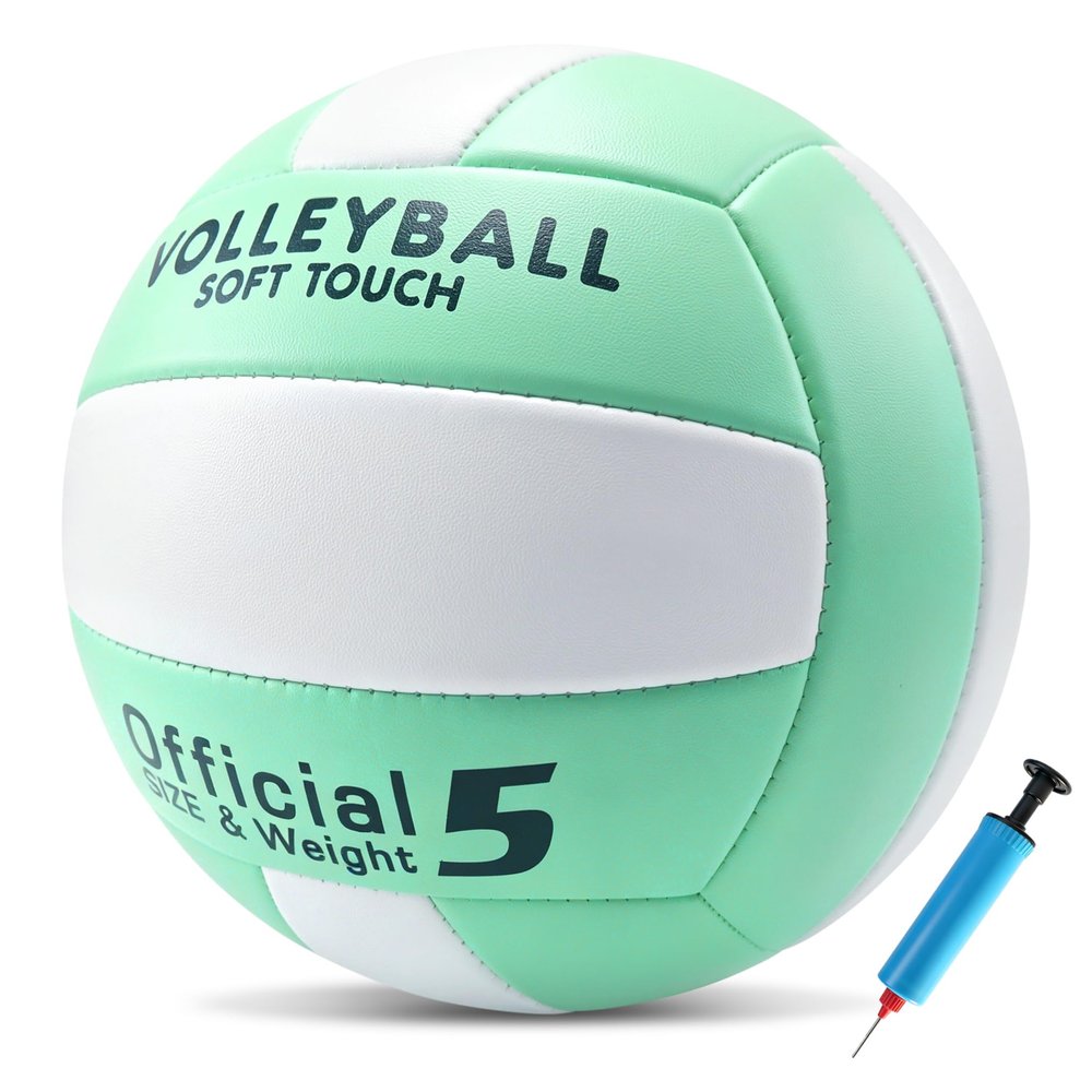 Soft Volleyball Official Size 5 for Indoor Outdoor Beach Sand Play Pool Gym Training, Soft Touch Thicker PU Volleyball with1 Ball Pump & 1 Air Needles for Adult and Family (Green White)