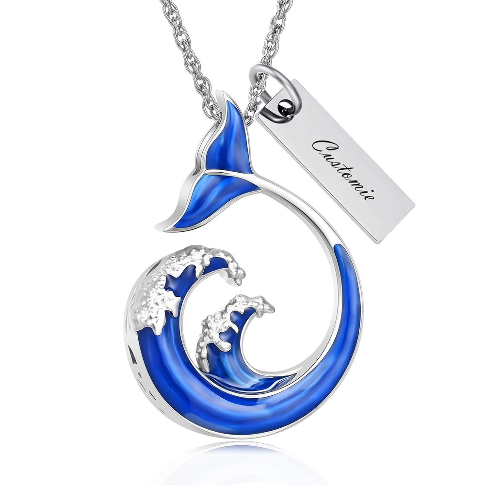 AIWENXI Ocean wave Urn Necklaces for Ashes Cremation Jewelry Whale Tail Stainless Steel Urns Necklaces Pendant Waves Memorial Locket Keepsakes Jewelry for Men Women