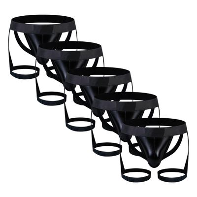 JEsilunmaMY Mens Leather Jockstrap with Garter Low Rise Bulge Pouch G-String Thongs Hollow Out Athletic Supporters Underpants (Black-5PC,Large)
