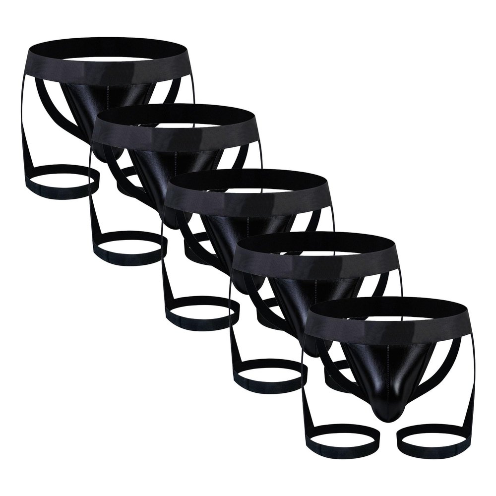 JEsilunmaMY Mens Leather Jockstrap with Garter Low Rise Bulge Pouch G-String Thongs Hollow Out Athletic Supporters Underpants (Black-5PC,Large)