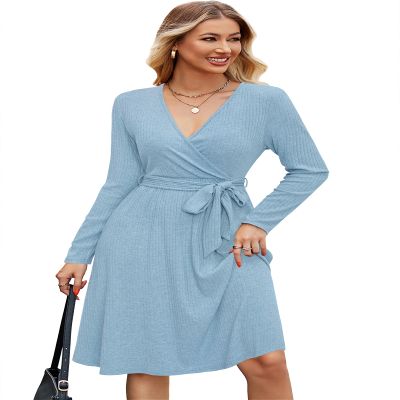 Newshows Womens 2025 Fall Sweater Dress Long Sleeve Business Casual Outfits V Neck Ribbed Knit Belt Trendy with Pockets(Light Blue, XL)