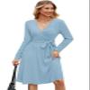 Newshows Womens 2025 Fall Sweater Dress Long Sleeve Business Casual Outfits V Neck Ribbed Knit Belt Trendy with Pockets(Light Blue, XL) view 1