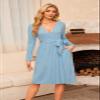 Newshows Womens 2025 Fall Sweater Dress Long Sleeve Business Casual Outfits V Neck Ribbed Knit Belt Trendy with Pockets(Light Blue, XL) view 3