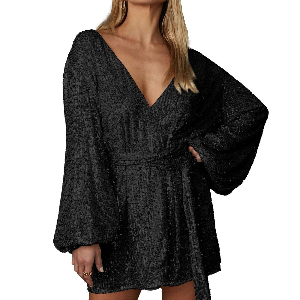 Women Sparkly Sequin Mini Wrap Dress V-Neck Long Puff Sleeve Glitter Clubwear Party Outfits Dresses with Belt (Small,Black)