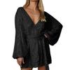 Women Sparkly Sequin Mini Wrap Dress V-Neck Long Puff Sleeve Glitter Clubwear Party Outfits Dresses with Belt (Small,Black) view 1