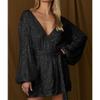 Women Sparkly Sequin Mini Wrap Dress V-Neck Long Puff Sleeve Glitter Clubwear Party Outfits Dresses with Belt (Small,Black) view 4