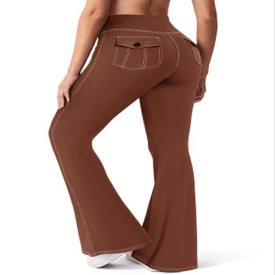 SEASUM Cargo Yoga Flare Leggings for Women Flap Pockets Butt Lifting Workout Gym Contrast Stitching Bootcut Casual Pants Imitation Jeans Khaki L