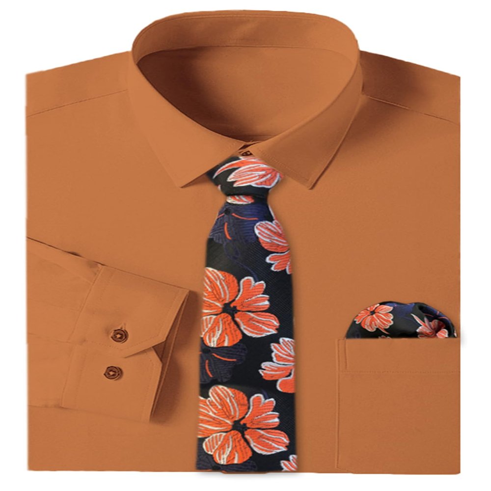 Cromoncent Men's Stylish Business Dress Shirt and Tie Combo,Long Sleeve,Stretchable,Trendy Designs,Breathable,Orange Lower,L