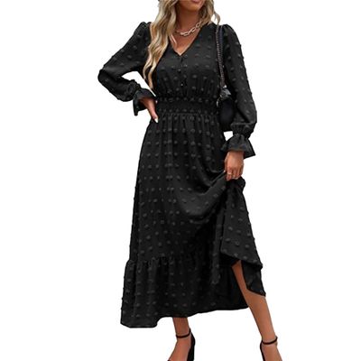 NineFit Basics Women's Polka Dots Long Sleeve V Neck Dresses Button Down Vintage Boho Maxi Dress Stretchy Waist Ruffle Beach Dress (Small,Black)