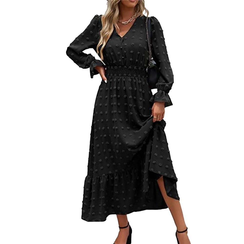 NineFit Basics Women's Polka Dots Long Sleeve V Neck Dresses Button Down Vintage Boho Maxi Dress Stretchy Waist Ruffle Beach Dress (Small,Black)