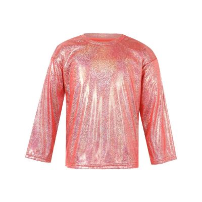 iiniim Kids Girls Shiny Metallic Jazz Hip Hop Dance T-Shirt Long Sleeve Loose Tops for Stage Club Party Costume Red 17-18 Years