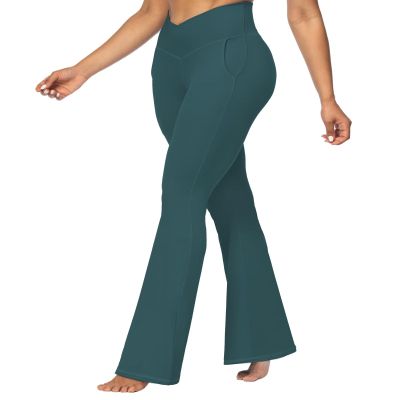 Sunzel Flare Leggings for Women with Pockets, Crossover Yoga Pants with Tummy Control, High Waisted and Wide Leg Side Pockets 32" Forest Green Small