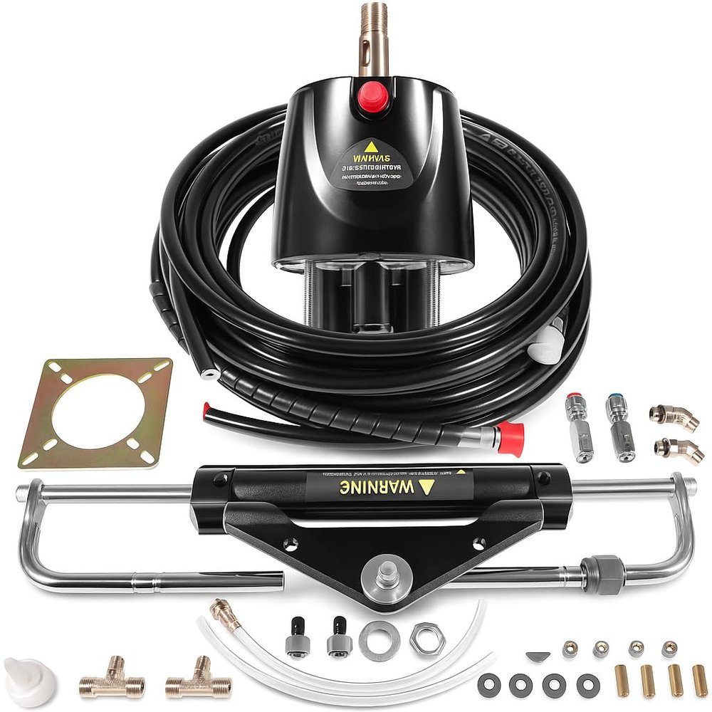 150HP Hydraulic Outboard Steering Kit - 6.9 Mpa/1000 psi Working Pressure, 409.7 kgf Output Force, Complete Boat Marine System for Singlem Built-in 2-Way Lock Cylinder, 150 HP Helm Pump, 26ft Hose