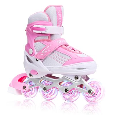 Kids Inline Skates for Girls Boys with All Wheels Illuminating, Adjuatable Mens and Womens Roller Skates Blades for Beginner in Outdoor and Indoor (Pink&White, Medium - Big Kids)