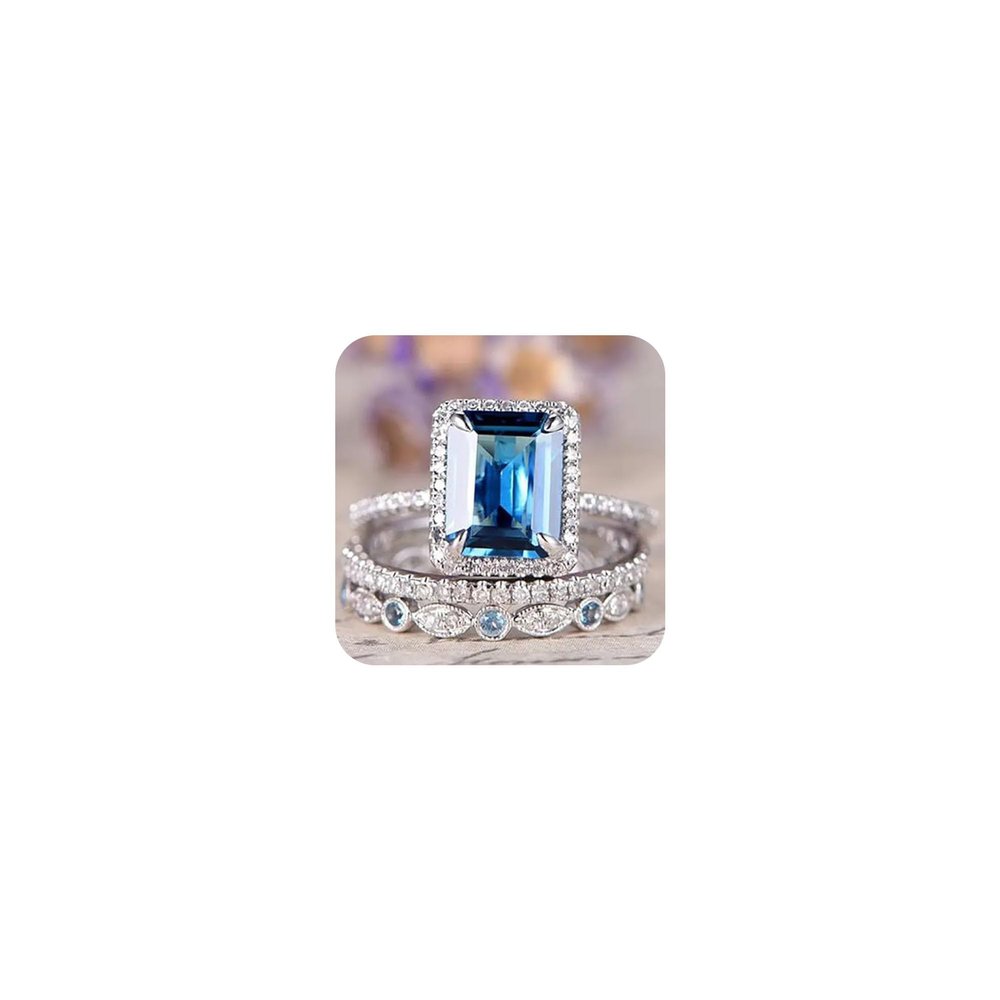 Mnyixsi Platinum Plated 925 Sterling Silver Sapphire Engagement Wedding Ring Set AAAAA Cz 925 Sterling Silver 3pcs Square Shape White Blue Gemstone Rings Set Size 7