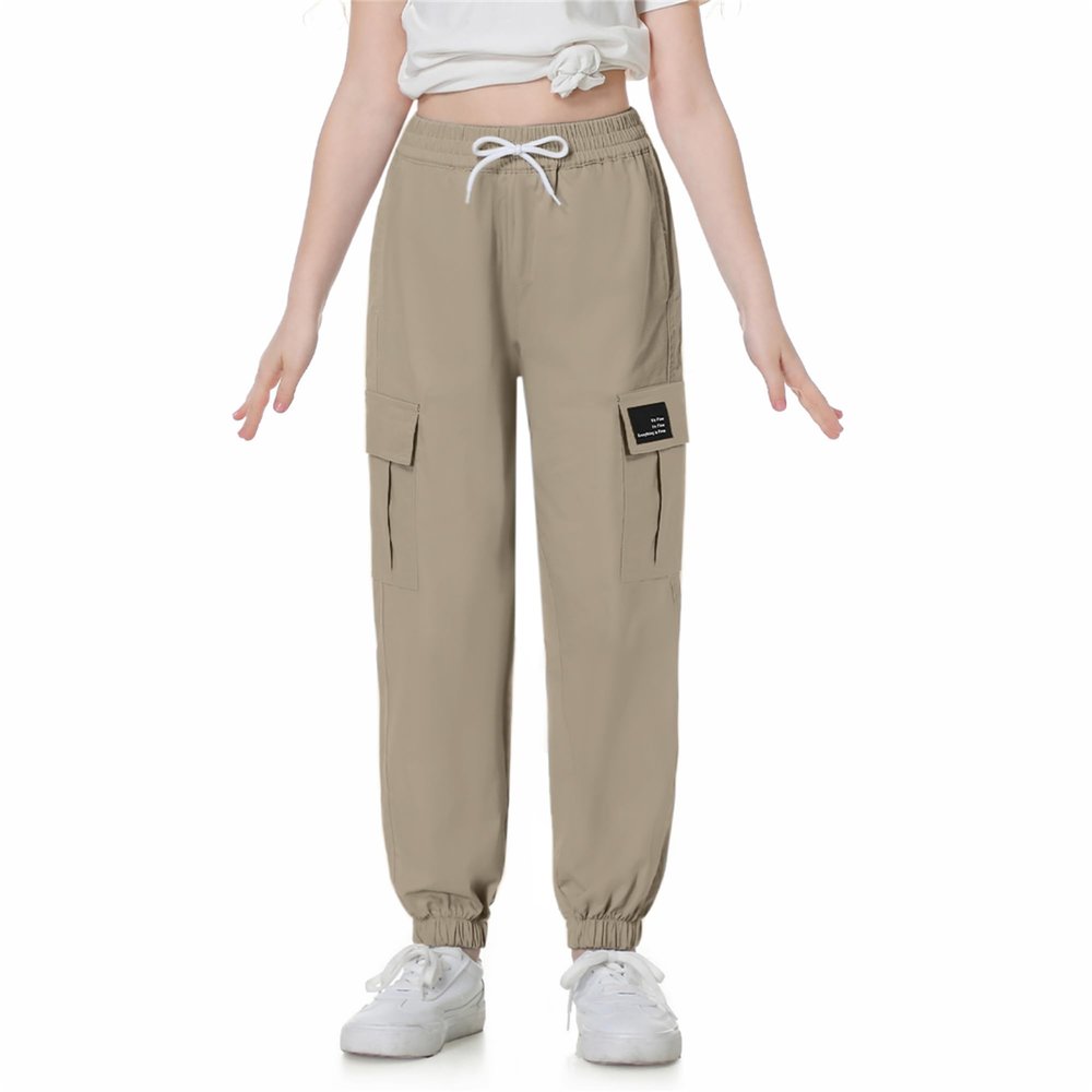 Betusline Girl's Outdoor Casual Cargo Jogger Pants with Pockets Khaki 11-12 Years