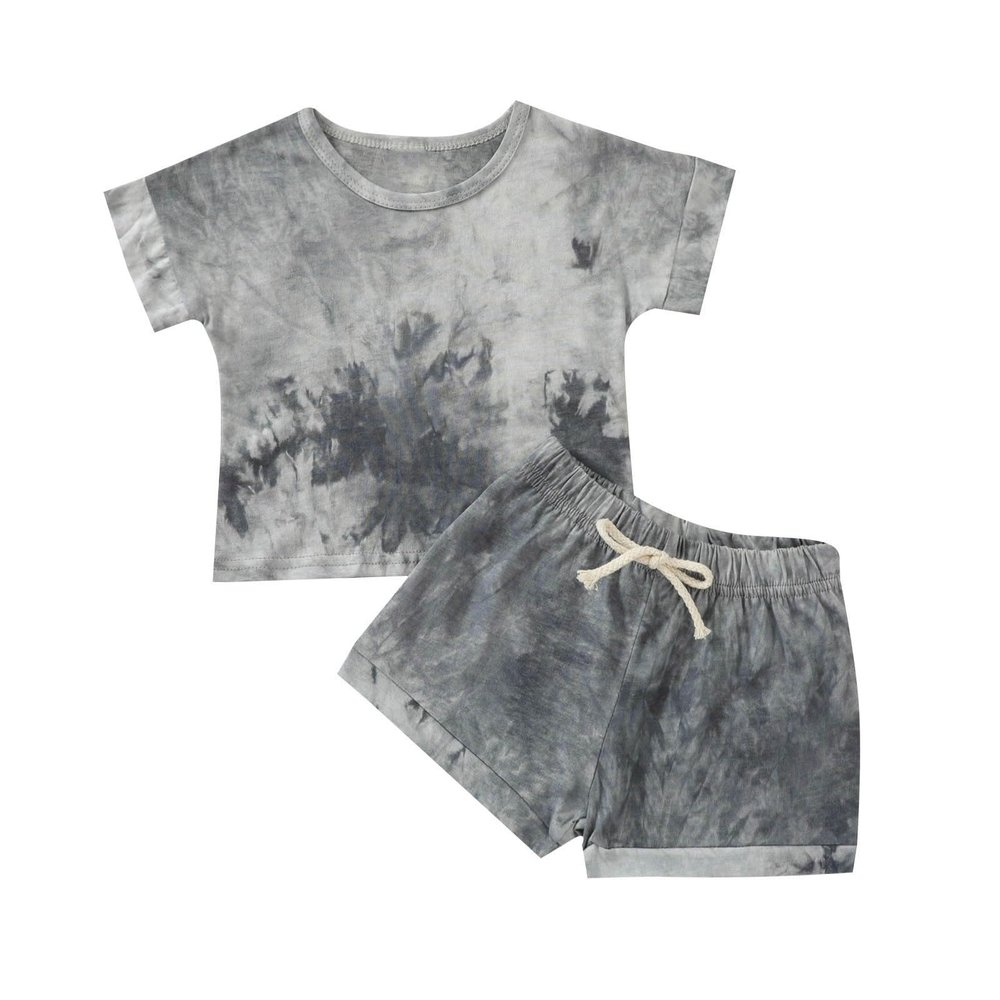 AMIMOJY todays daily deals Baby Boys Summer Clothes Set Tie Dye Short Sleeve T Shirt Round Neck Tops Toddler Shorts Casual Suit 2Pcs Outfits baby girls hunting clothes, 12-18Months, Grey