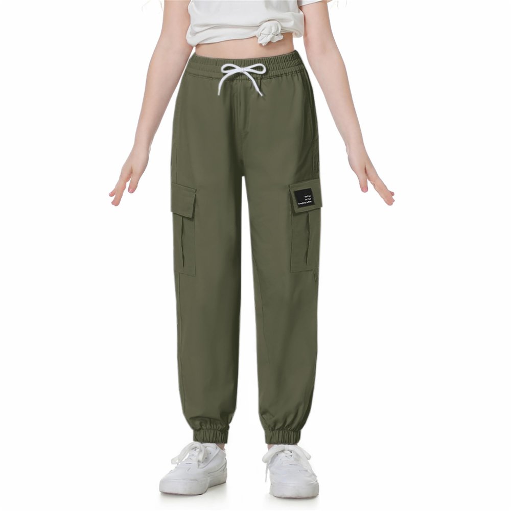 Betusline Girl's Outdoor Casual Cargo Jogger Pants with Pockets Army Green 9-10 Years
