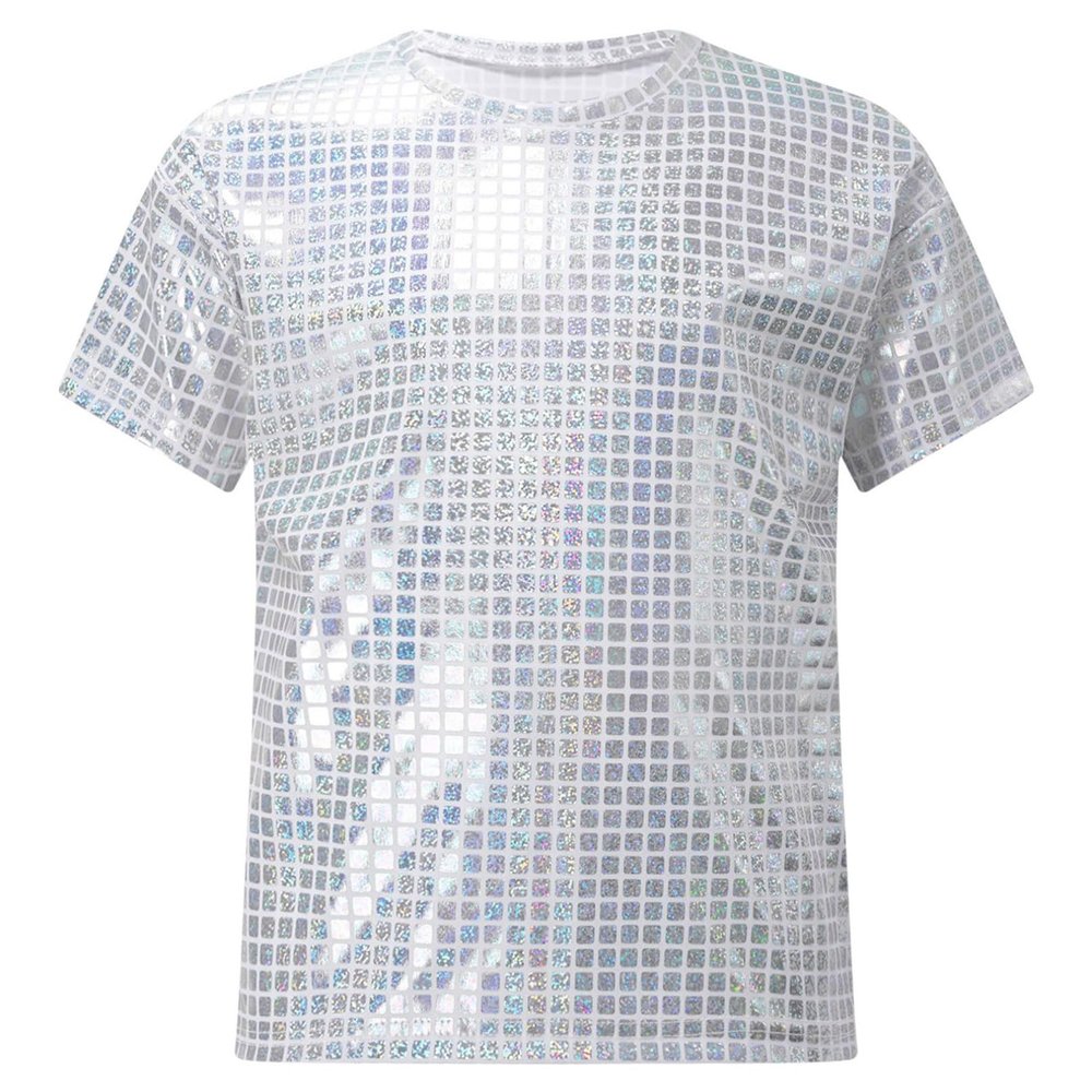 iiniim Kids Girls Metallic Shiny Round Neck Jazz Hip Hop Dance Tops Boys Unisex Sequined T-Shirt Silver 11-12 Years