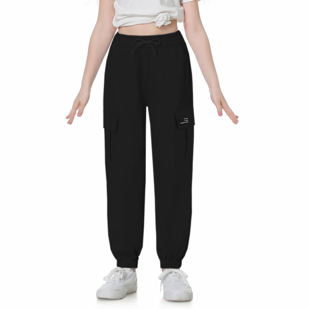 Betusline Girl's Outdoor Casual Cargo Jogger Pants with Pockets Black 7-8 Years
