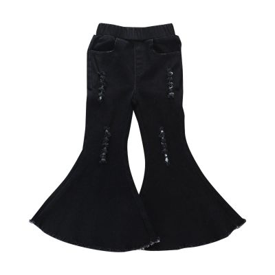 NineFit Basics Baby Girl Flare Jeans Kids Toddler Bell Bottom Pants Black Ripped Pants Fashion Western Denim (Black, 3-4 Years)