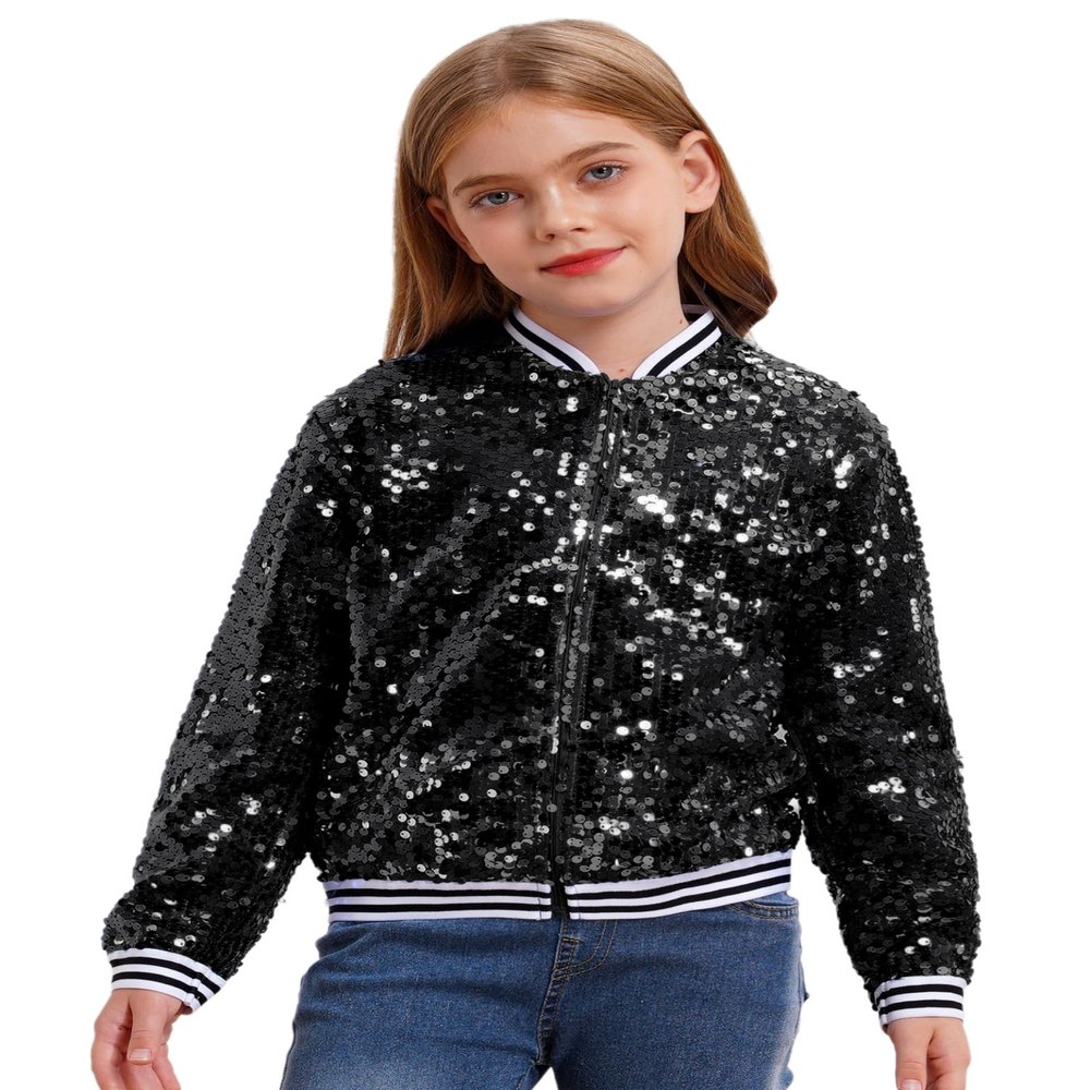 Miaeowve Kids Girls Sequin Bomber Jacket Sparkle Long Sleeve Zipper Up Party Jacket Outwear Black 14 Years