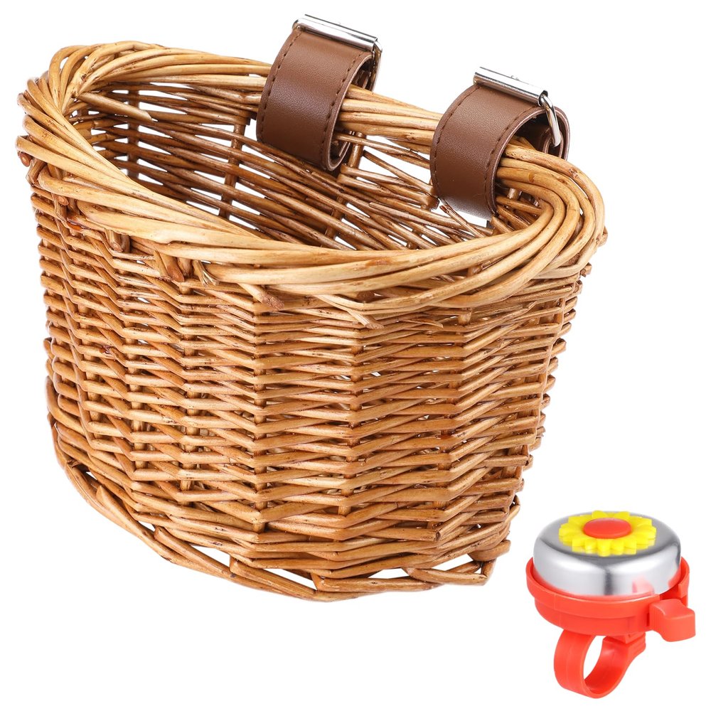 BATTIPAW Kids Bicycle Handlebar Basket, Rattan Storage Basket with Adjustable PU Belts, Brown, Handlebar Mount