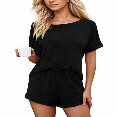 CUPSHE Short Sleeve Pajama Sets for Women Casual Crew Neck 2 Piece Lounge Sets Black