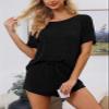 CUPSHE Short Sleeve Pajama Sets for Women Casual Crew Neck 2 Piece Lounge Sets Black view 4