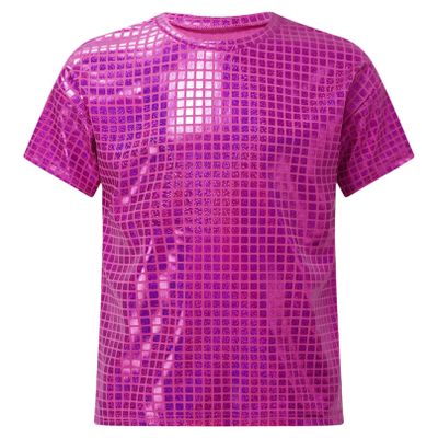 iiniim Kids Girls Metallic Shiny Round Neck Jazz Hip Hop Dance Tops Boys Unisex Sequined T-Shirt Hot Pink 5-6 Years