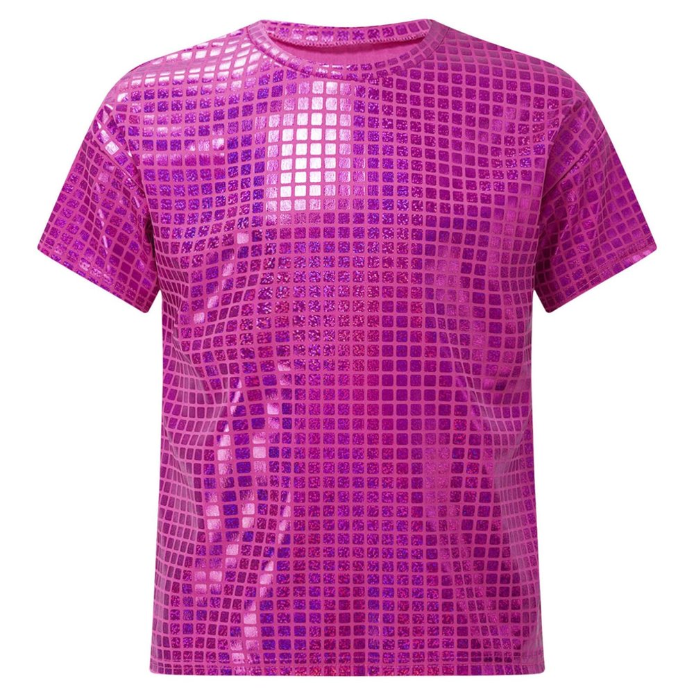 iiniim Kids Girls Metallic Shiny Round Neck Jazz Hip Hop Dance Tops Boys Unisex Sequined T-Shirt Hot Pink 5-6 Years