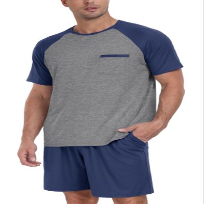 PrinStory Men's Pajama Set Sleepwear Pjs Lightweight Short Sleeve Crewneck Shirts and Shorts Soft Comfy Sleep Sets Navy Blue US 2XL