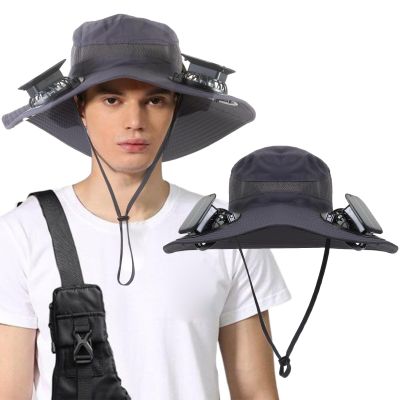Outdoor Solar Powered Fan Hat for Men Women Breathable Wide Brim Hat with 2 Fans UPF 50+ Fishing Hat Beach Bucket Sun Hat (Nylon, Dark Gray B)