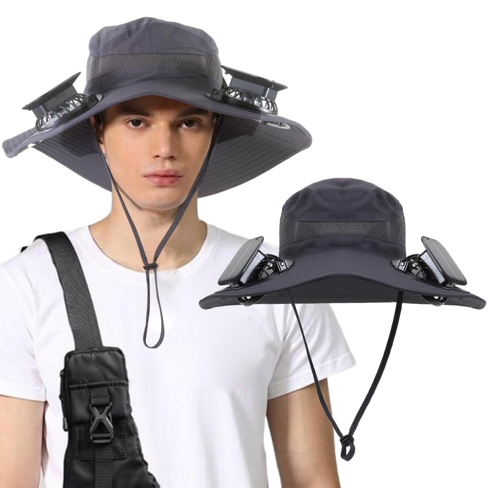 Outdoor Solar Powered Fan Hat for Men Women Breathable Wide Brim Hat with 2 Fans UPF 50+ Fishing Hat Beach Bucket Sun Hat (Nylon, Dark Gray B)