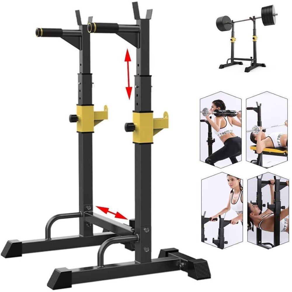 FENOKD Barbell Squat Rack Stand Adjustable Height Solid Steel Bench Presses Compact Heavy Squat Rack, Yellow Adjustable Weight Lift Barbell Rack, Dumbbell Storage Home Gym, Bracket Load 250kg