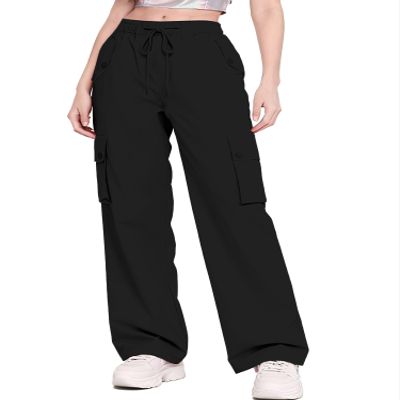 Betusline Girl's High Waist Wide Leg Cargo Pants Y2K Parachute Pants with Pockets and Drawstring, Black, 6-7 Years = Tag 130
