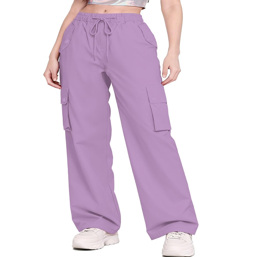 Betusline Girl's High Waist Wide Leg Cargo Pants Y2K Parachute Pants with Pockets and Drawstring, Purple, 7-8 Years = Tag 140