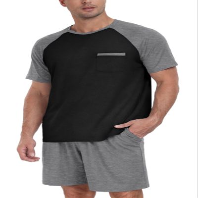 PrinStory Men's Pajama Set Sleepwear Pjs Lightweight Short Sleeve Crewneck Shirts and Shorts Soft Comfy Sleep Sets Dark Gray US L