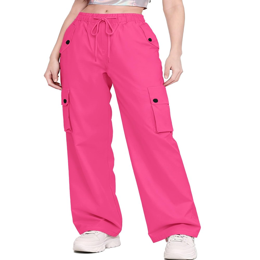 Betusline Girl's High Waist Wide Leg Cargo Pants Y2K Parachute Pants with Pockets and Drawstring, Rose Red, 11-12 Years = Tag 160