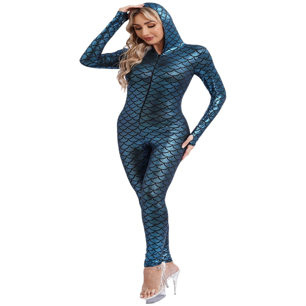 QinCiao Womens Fish Scale Costume Mermaid Swimming Bodysuit Front Zipper Long Sleeve Jumpsuit Blue Small