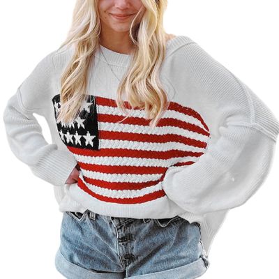 Vintage American Flag Sweater for Women Graphic Print Flag Casual Loose Pullover Patriotic 4th of July Knit Jumper Top(Cute White,XL)