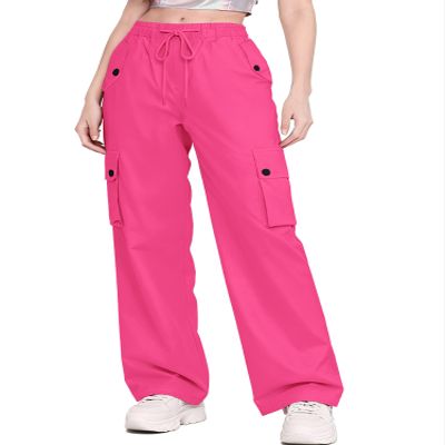 Betusline Girl's High Waist Wide Leg Cargo Pants Y2K Parachute Pants with Pockets and Drawstring, Rose Red, 9-10 Years = Tag 150